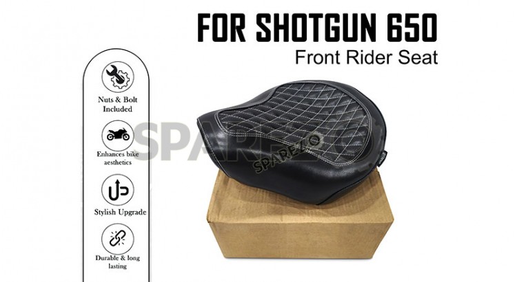 For Royal Enfield Shotgun 650 Genuine Leather Front Rider Seat Glossy Black - SPAREZO